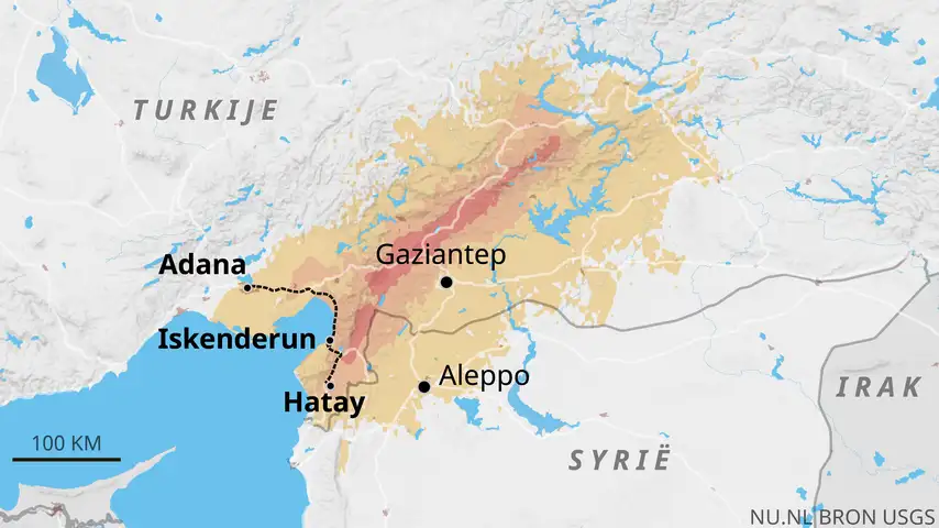 Het epicentrum van de aardbeving in Turkije.
